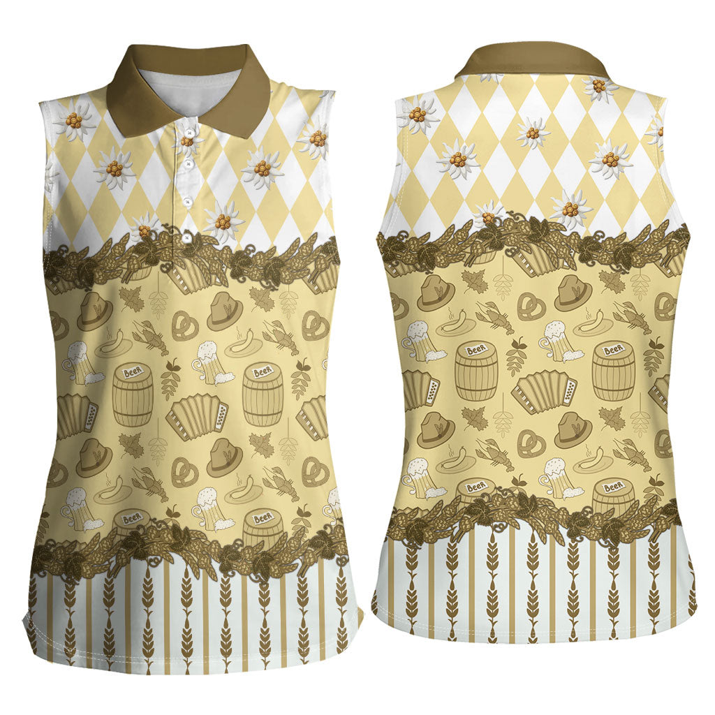 Oktoberfest Bavarian Heritage Women Sleeveless Polo Shirt Edelweiss Beer Festival Gold Pattern