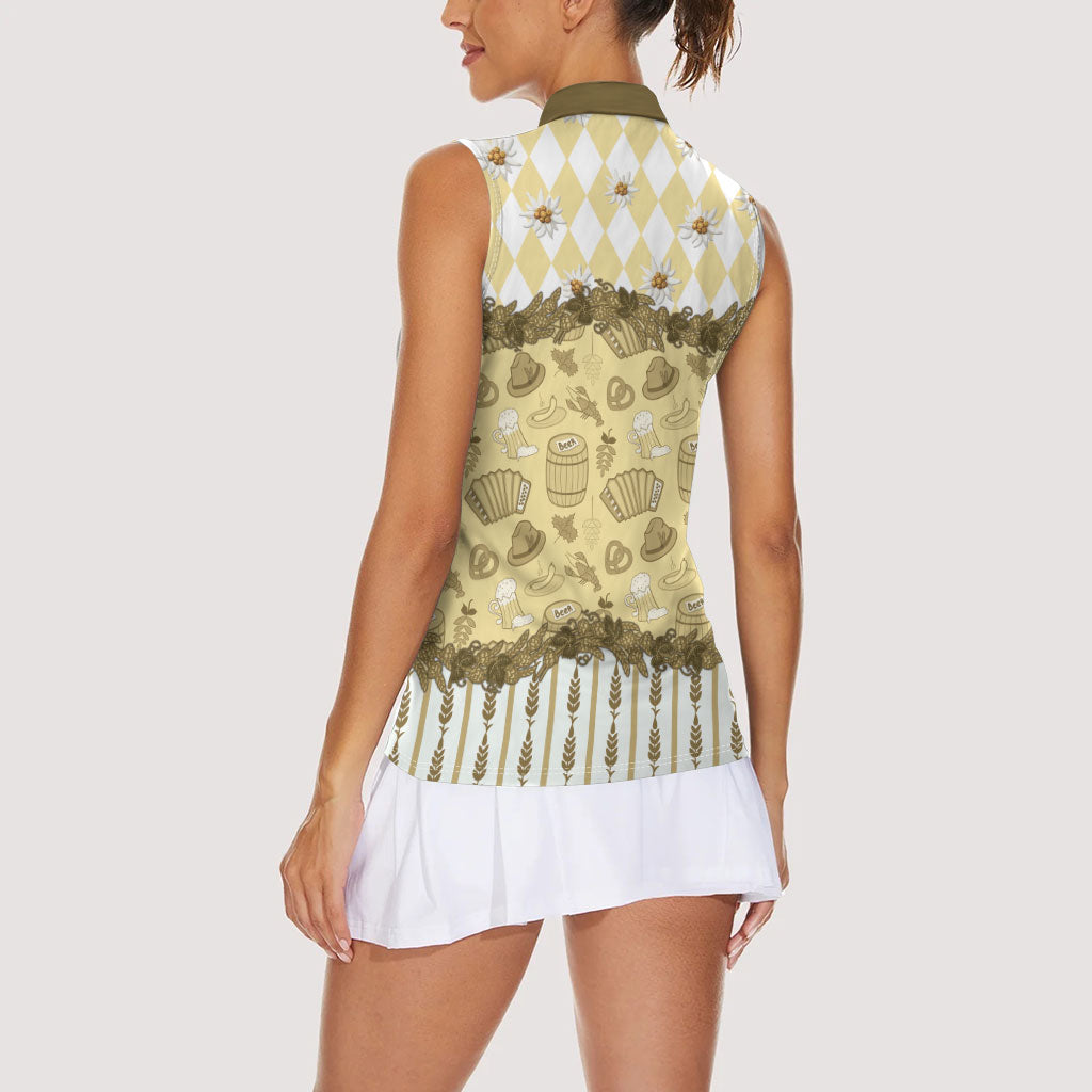 Oktoberfest Bavarian Heritage Women Sleeveless Polo Shirt Edelweiss Beer Festival Gold Pattern