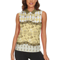 Oktoberfest Bavarian Heritage Women Sleeveless Polo Shirt Edelweiss Beer Festival Gold Pattern