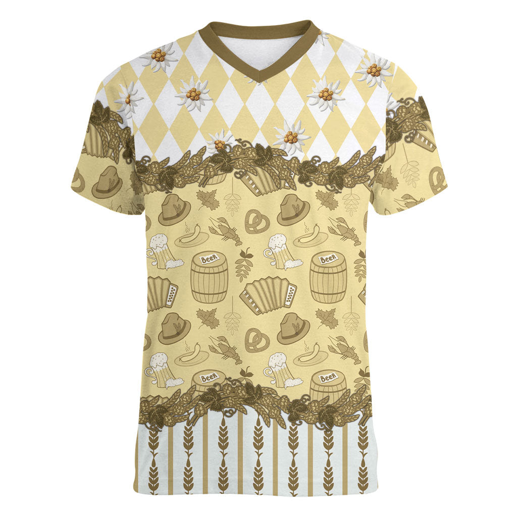 Oktoberfest Bavarian Heritage Women V-Neck T-Shirt Edelweiss Beer Festival Gold Pattern
