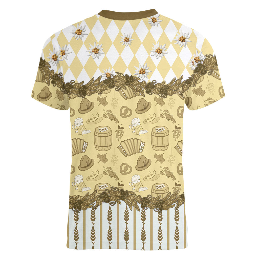 Oktoberfest Bavarian Heritage Women V-Neck T-Shirt Edelweiss Beer Festival Gold Pattern