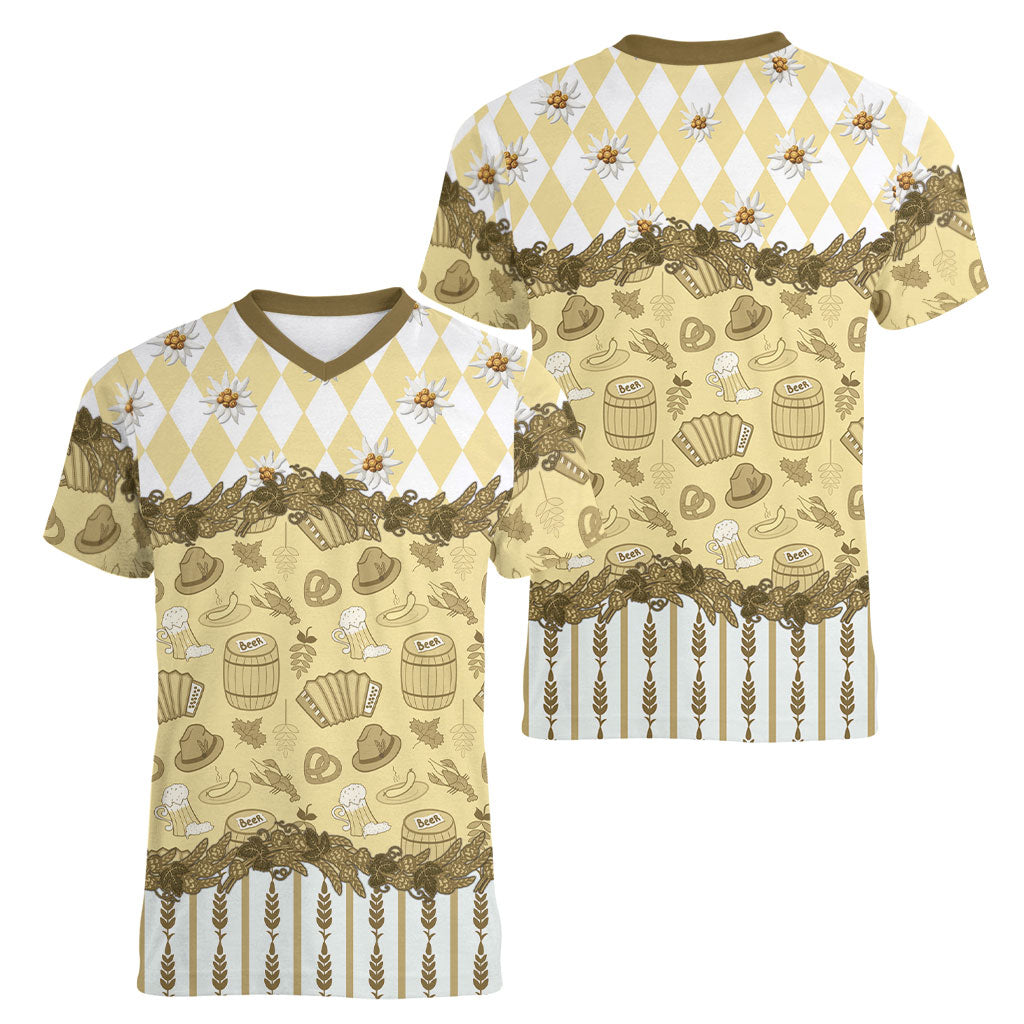 Oktoberfest Bavarian Heritage Women V-Neck T-Shirt Edelweiss Beer Festival Gold Pattern