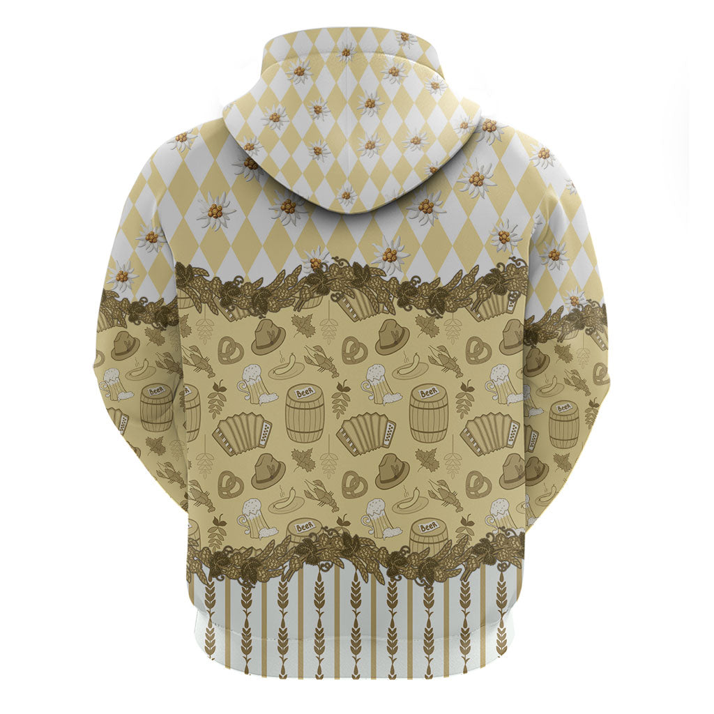 Oktoberfest Bavarian Heritage Zip Hoodie Edelweiss Beer Festival Gold Pattern