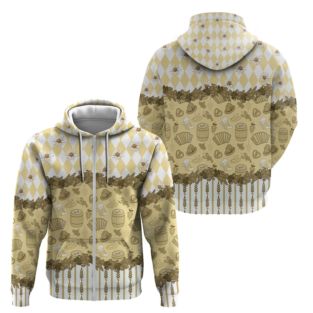 Oktoberfest Bavarian Heritage Zip Hoodie Edelweiss Beer Festival Gold Pattern