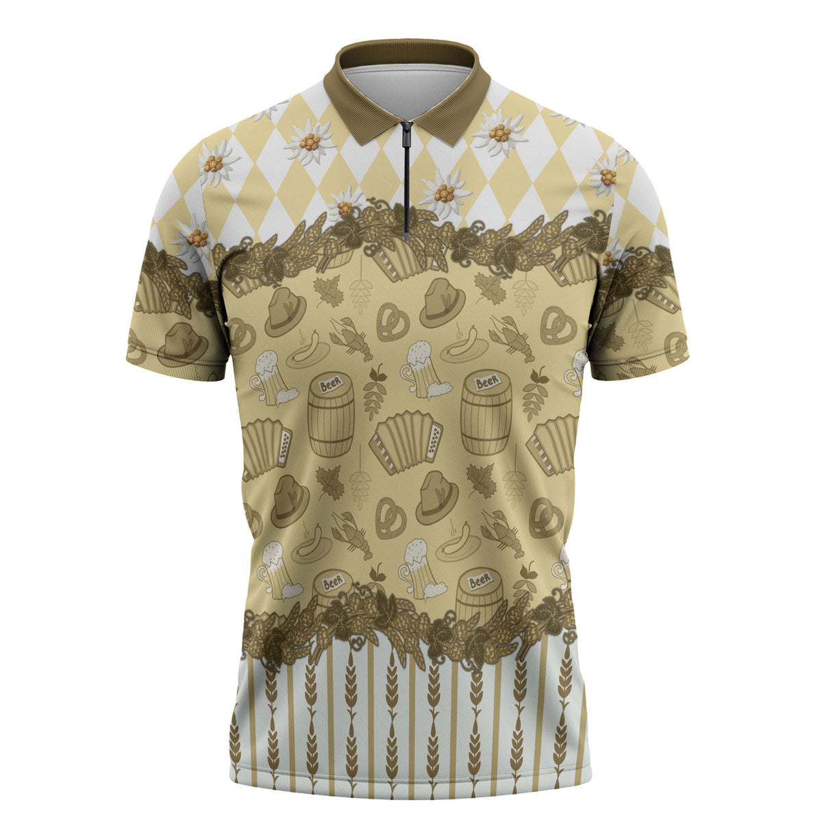 Oktoberfest Bavarian Heritage Zipper Polo Shirt Edelweiss Beer Festival Gold Pattern