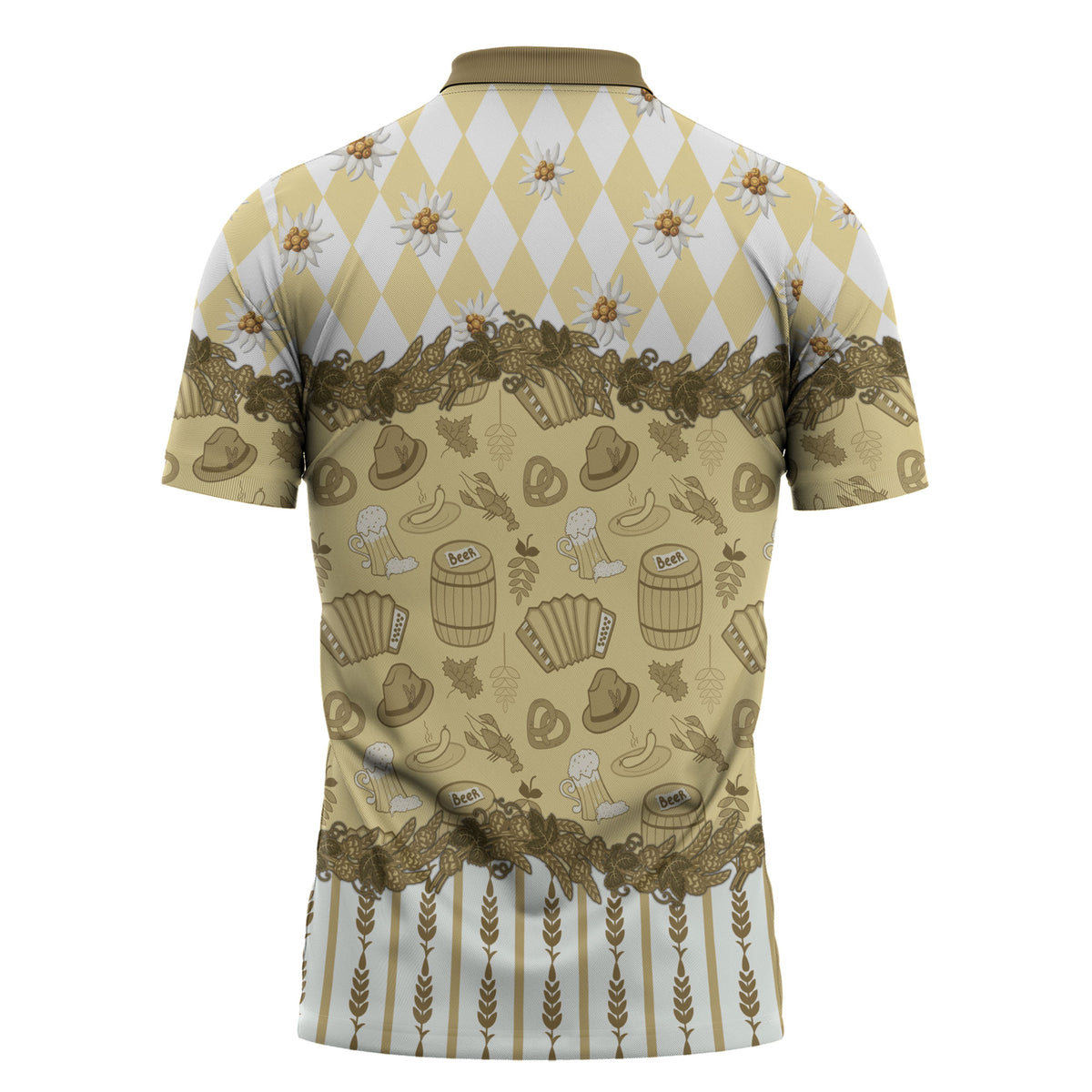 Oktoberfest Bavarian Heritage Zipper Polo Shirt Edelweiss Beer Festival Gold Pattern