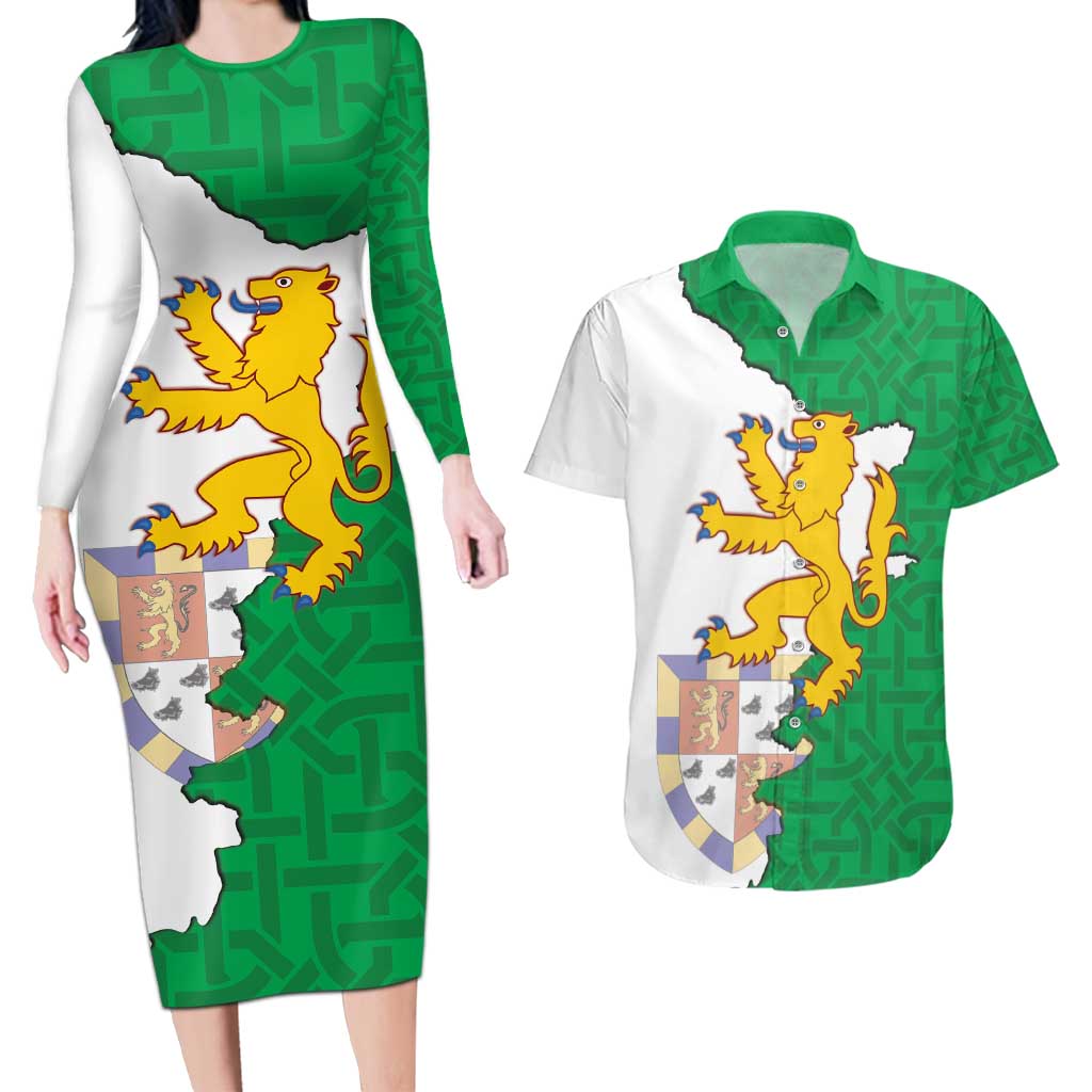 Radnorshire Wales Couples Matching Long Sleeve Bodycon Dress and Hawaiian Shirt Map and Emblem Celtic Style - Wonder Print Shop