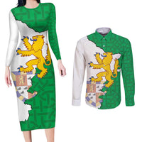 Radnorshire Wales Couples Matching Long Sleeve Bodycon Dress and Long Sleeve Button Shirt Map and Emblem Celtic Style - Wonder Print Shop