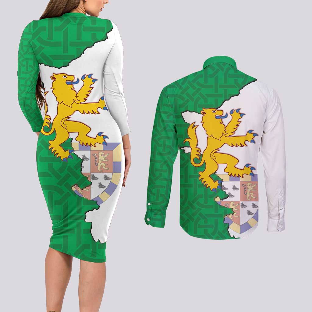 Radnorshire Wales Couples Matching Long Sleeve Bodycon Dress and Long Sleeve Button Shirt Map and Emblem Celtic Style - Wonder Print Shop