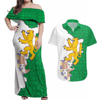 Radnorshire Wales Couples Matching Off Shoulder Maxi Dress and Hawaiian Shirt Map and Emblem Celtic Style - Wonder Print Shop