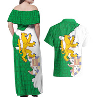 Radnorshire Wales Couples Matching Off Shoulder Maxi Dress and Hawaiian Shirt Map and Emblem Celtic Style - Wonder Print Shop