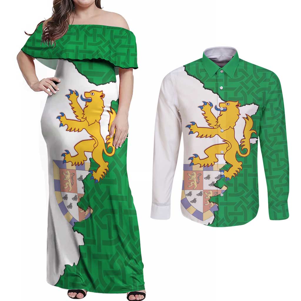Radnorshire Wales Couples Matching Off Shoulder Maxi Dress and Long Sleeve Button Shirt Map and Emblem Celtic Style - Wonder Print Shop