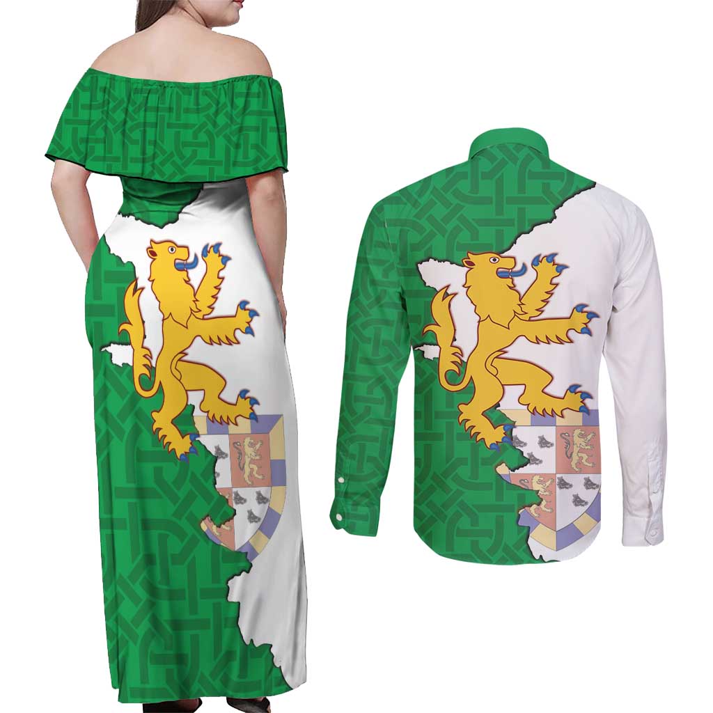 Radnorshire Wales Couples Matching Off Shoulder Maxi Dress and Long Sleeve Button Shirt Map and Emblem Celtic Style - Wonder Print Shop