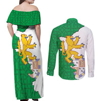 Radnorshire Wales Couples Matching Off Shoulder Maxi Dress and Long Sleeve Button Shirt Map and Emblem Celtic Style - Wonder Print Shop