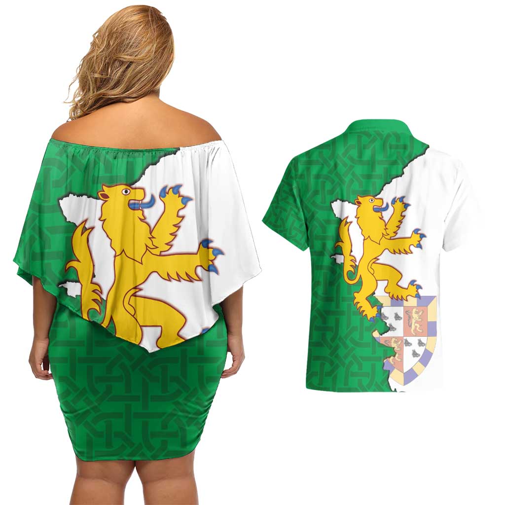 Radnorshire Wales Couples Matching Off Shoulder Short Dress and Hawaiian Shirt Map and Emblem Celtic Style - Wonder Print Shop