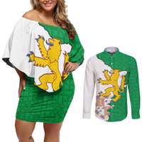 Radnorshire Wales Couples Matching Off Shoulder Short Dress and Long Sleeve Button Shirt Map and Emblem Celtic Style - Wonder Print Shop