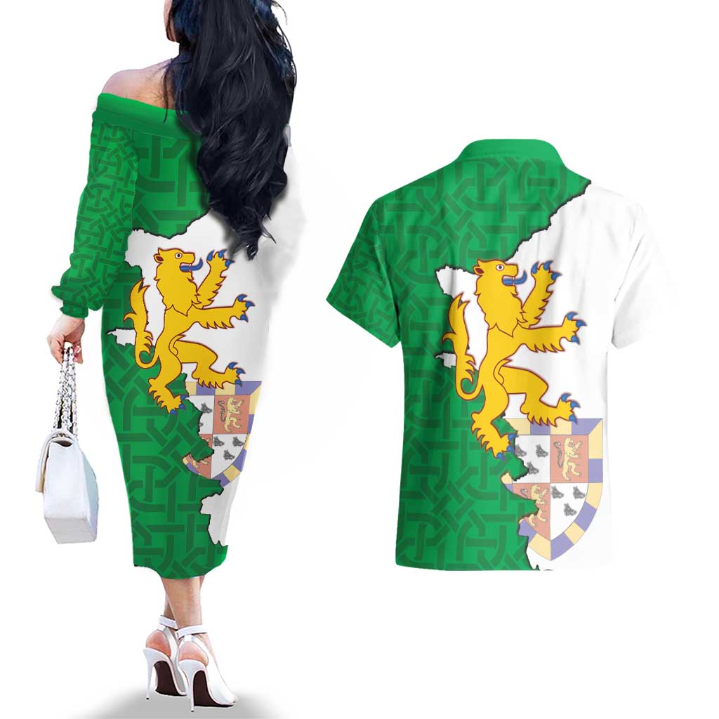 Radnorshire Wales Couples Matching Off The Shoulder Long Sleeve Dress and Hawaiian Shirt Map and Emblem Celtic Style - Wonder Print Shop