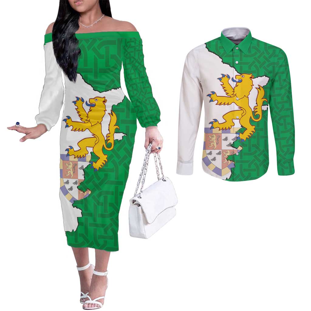 Radnorshire Wales Couples Matching Off The Shoulder Long Sleeve Dress and Long Sleeve Button Shirt Map and Emblem Celtic Style - Wonder Print Shop
