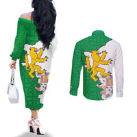 Radnorshire Wales Couples Matching Off The Shoulder Long Sleeve Dress and Long Sleeve Button Shirt Map and Emblem Celtic Style - Wonder Print Shop