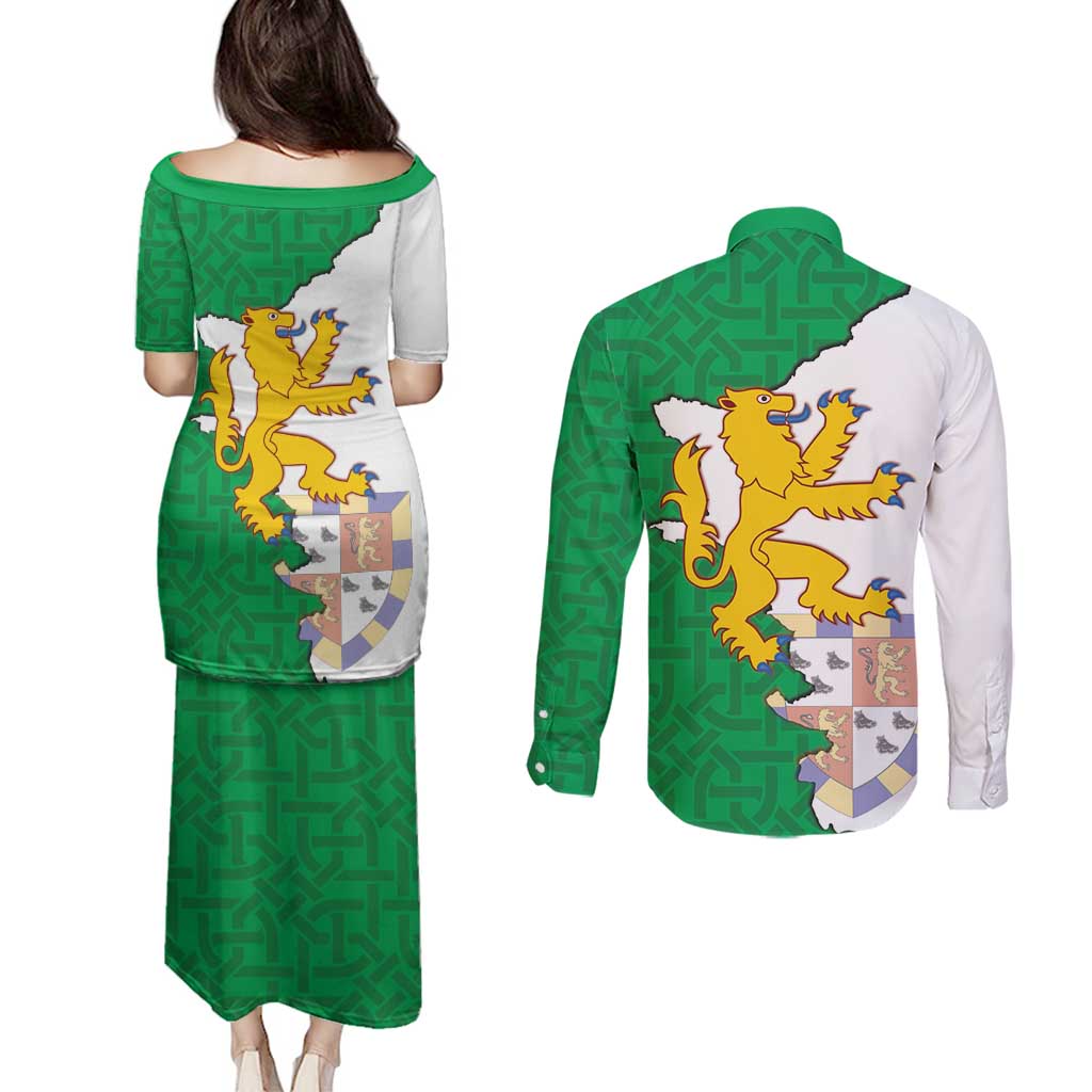 Radnorshire Wales Couples Matching Puletasi and Long Sleeve Button Shirt Map and Emblem Celtic Style - Wonder Print Shop