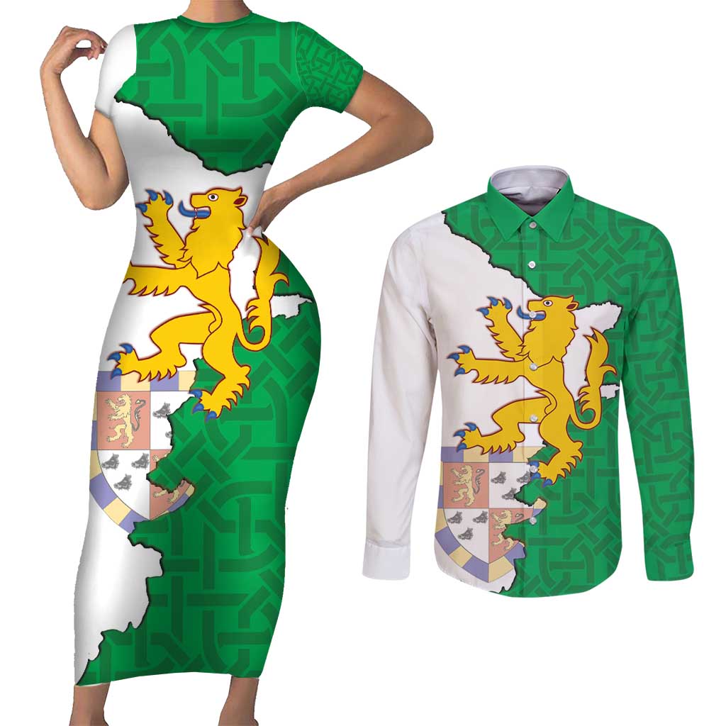 Radnorshire Wales Couples Matching Short Sleeve Bodycon Dress and Long Sleeve Button Shirt Map and Emblem Celtic Style - Wonder Print Shop