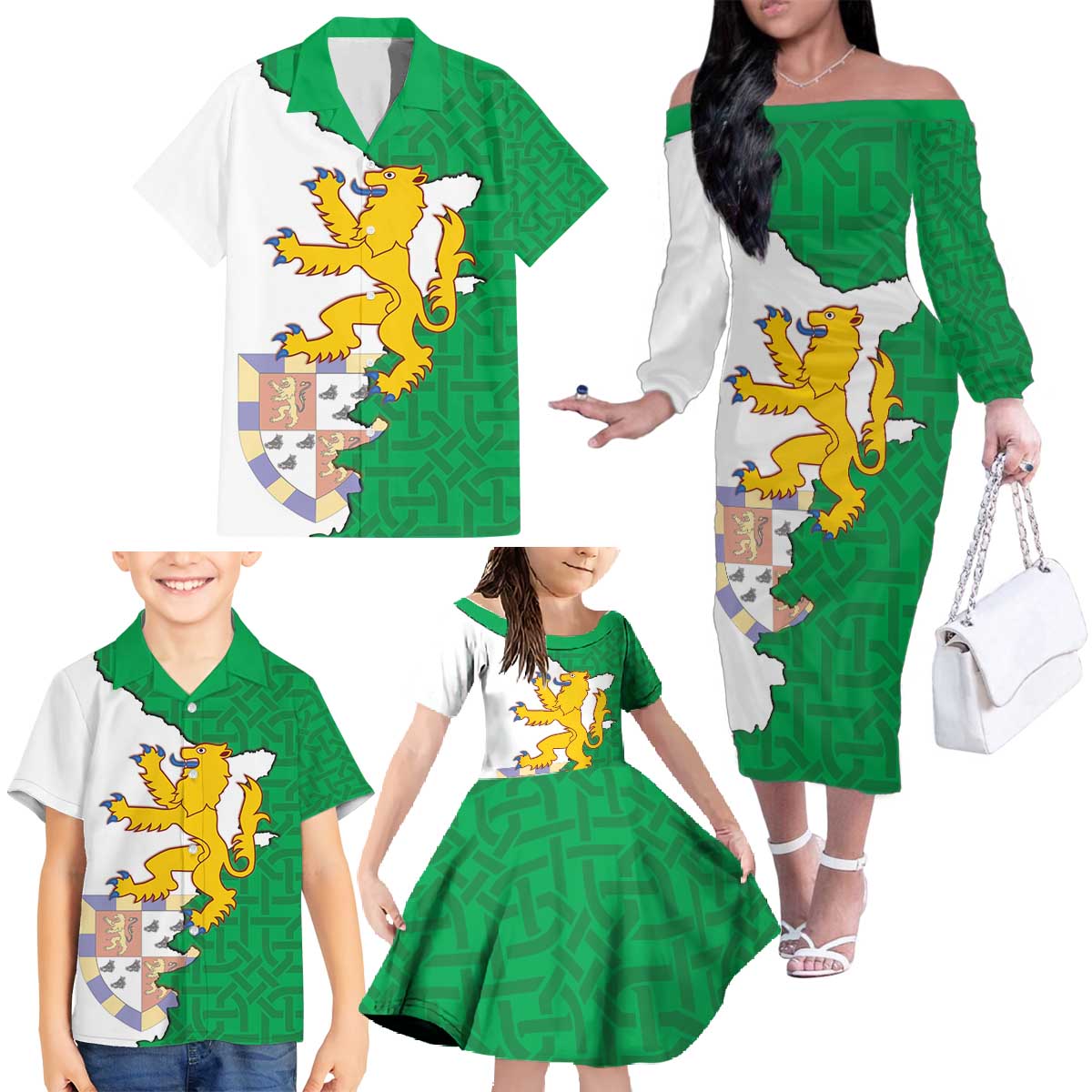 Radnorshire Wales Family Matching Off The Shoulder Long Sleeve Dress and Hawaiian Shirt Map and Emblem Celtic Style - Wonder Print Shop