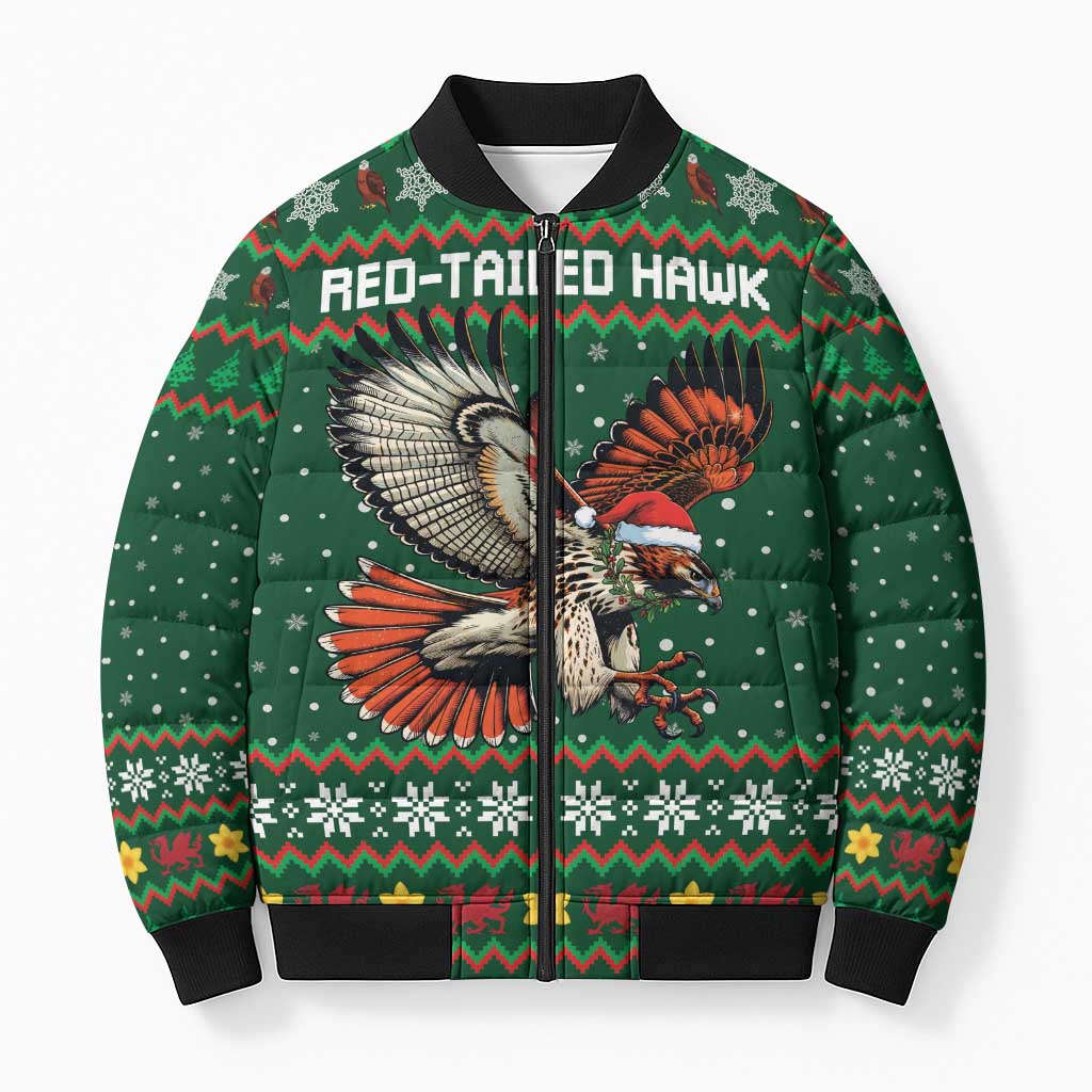 Personalized Radnorshire Wales Christmas Bomber Puffer Jacket Red-Tailed Hawk Design - Wonder Print Shop