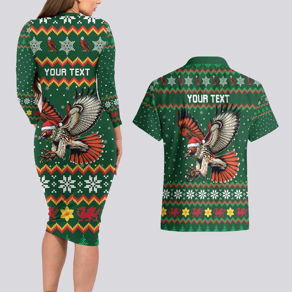 Personalized Radnorshire Wales Christmas Couples Matching Long Sleeve Bodycon Dress and Hawaiian Shirt Red-Tailed Hawk Design - Wonder Print Shop