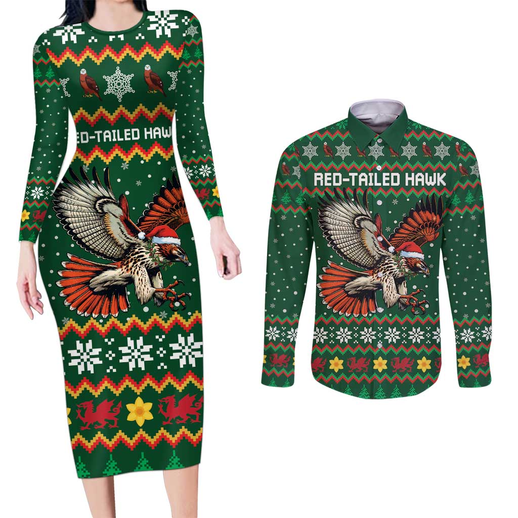 Personalized Radnorshire Wales Christmas Couples Matching Long Sleeve Bodycon Dress and Long Sleeve Button Shirt Red-Tailed Hawk Design - Wonder Print Shop