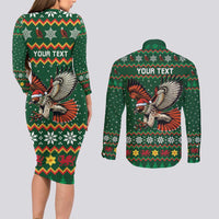 Personalized Radnorshire Wales Christmas Couples Matching Long Sleeve Bodycon Dress and Long Sleeve Button Shirt Red-Tailed Hawk Design - Wonder Print Shop