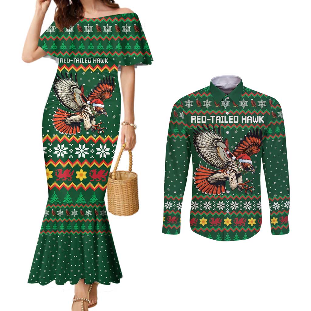 Personalized Radnorshire Wales Christmas Couples Matching Mermaid Dress and Long Sleeve Button Shirt Red-Tailed Hawk Design - Wonder Print Shop