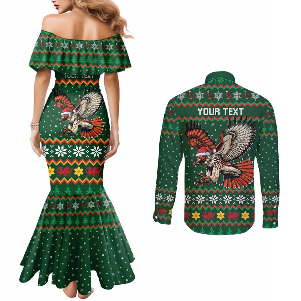 Personalized Radnorshire Wales Christmas Couples Matching Mermaid Dress and Long Sleeve Button Shirt Red-Tailed Hawk Design - Wonder Print Shop