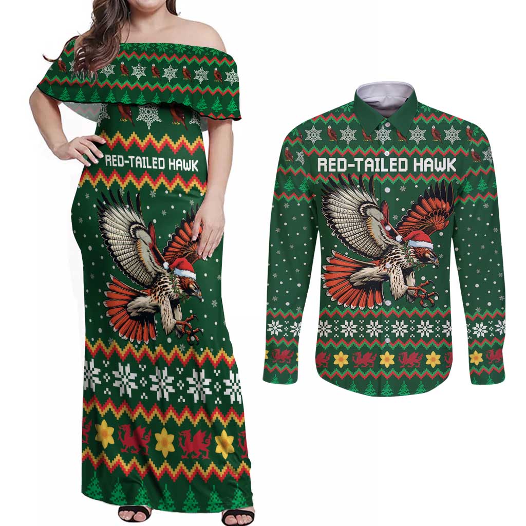 Personalized Radnorshire Wales Christmas Couples Matching Off Shoulder Maxi Dress and Long Sleeve Button Shirt Red-Tailed Hawk Design - Wonder Print Shop