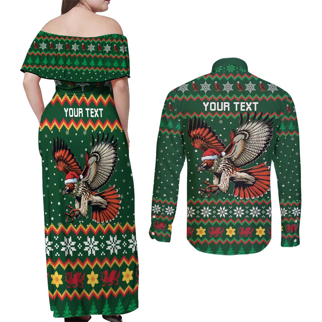 Personalized Radnorshire Wales Christmas Couples Matching Off Shoulder Maxi Dress and Long Sleeve Button Shirt Red-Tailed Hawk Design - Wonder Print Shop
