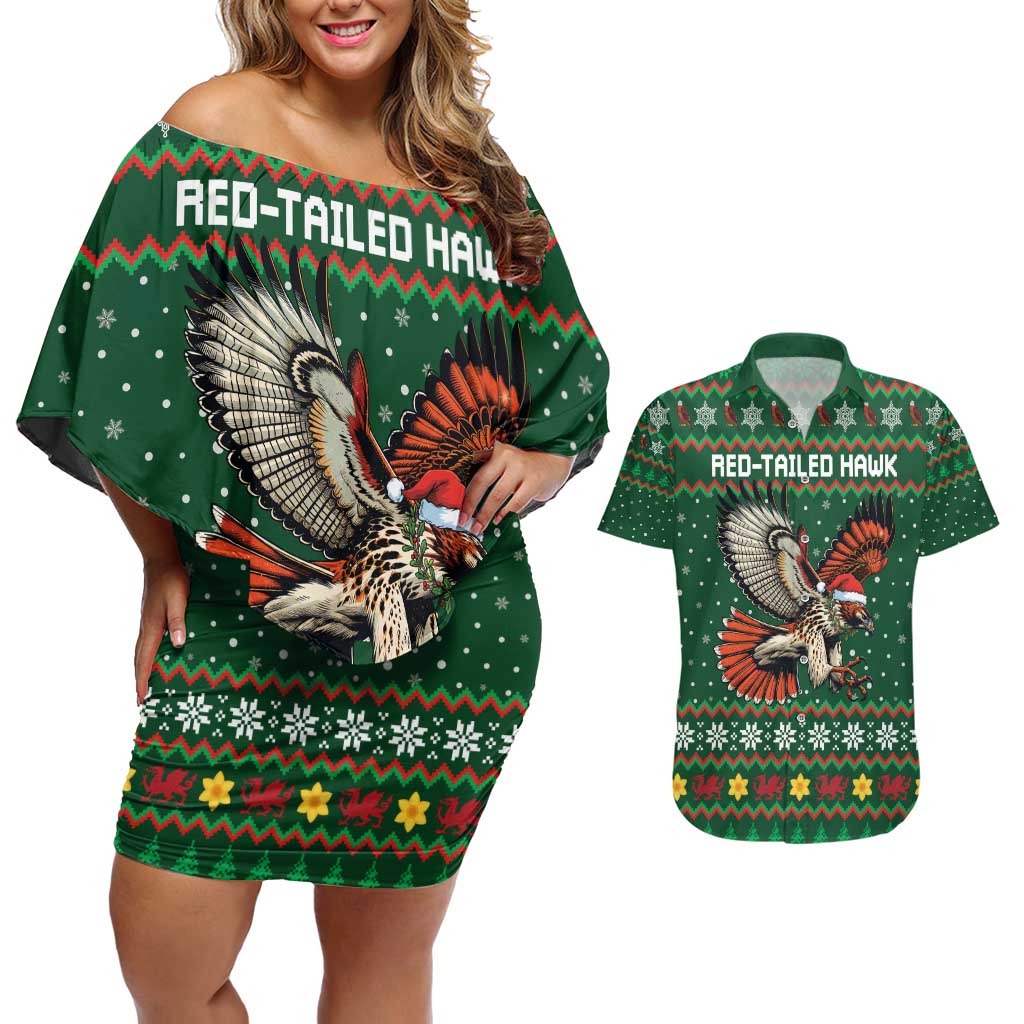 Personalized Radnorshire Wales Christmas Couples Matching Off Shoulder Short Dress and Hawaiian Shirt Red-Tailed Hawk Design - Wonder Print Shop