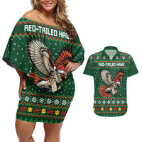 Personalized Radnorshire Wales Christmas Couples Matching Off Shoulder Short Dress and Hawaiian Shirt Red-Tailed Hawk Design - Wonder Print Shop
