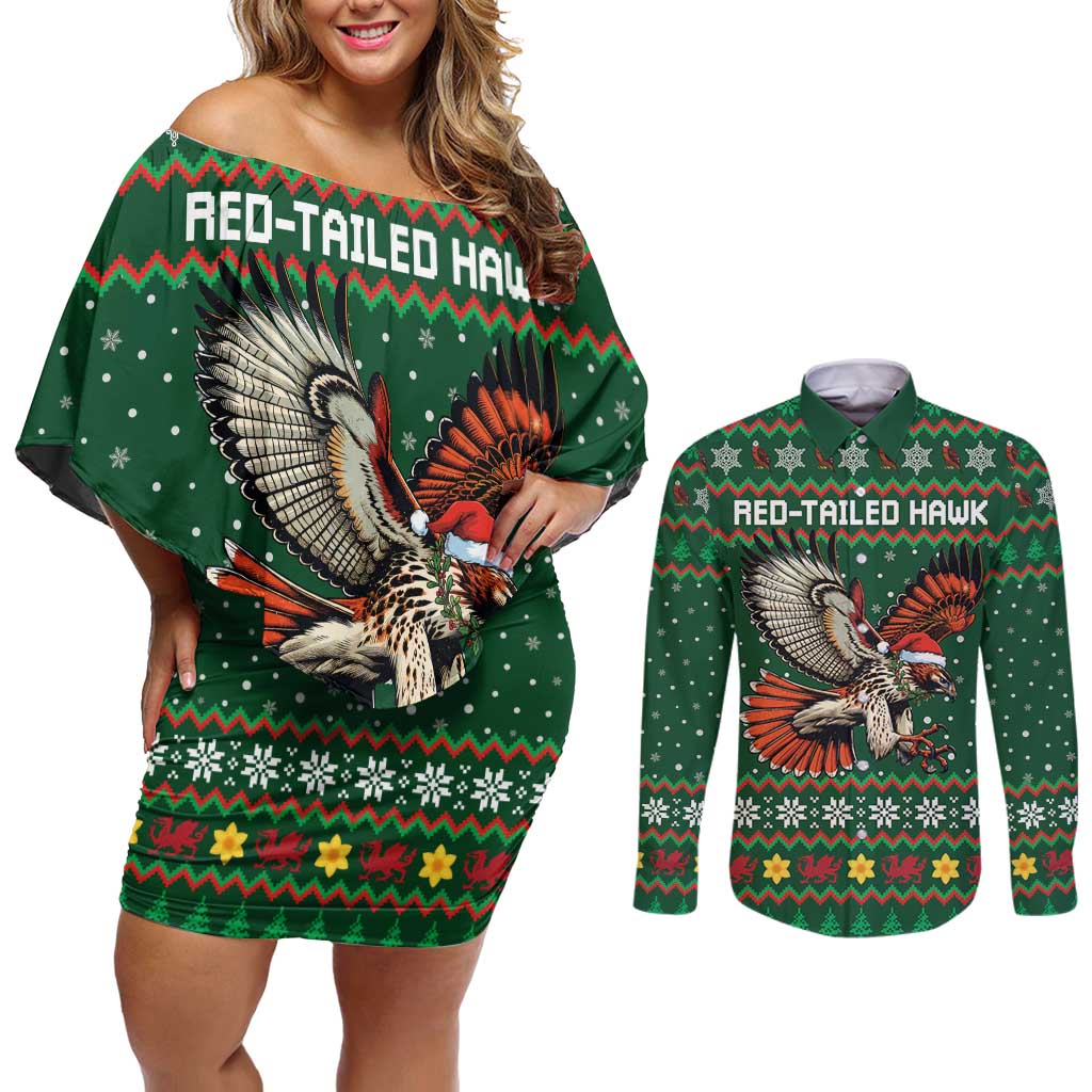 Personalized Radnorshire Wales Christmas Couples Matching Off Shoulder Short Dress and Long Sleeve Button Shirt Red-Tailed Hawk Design - Wonder Print Shop