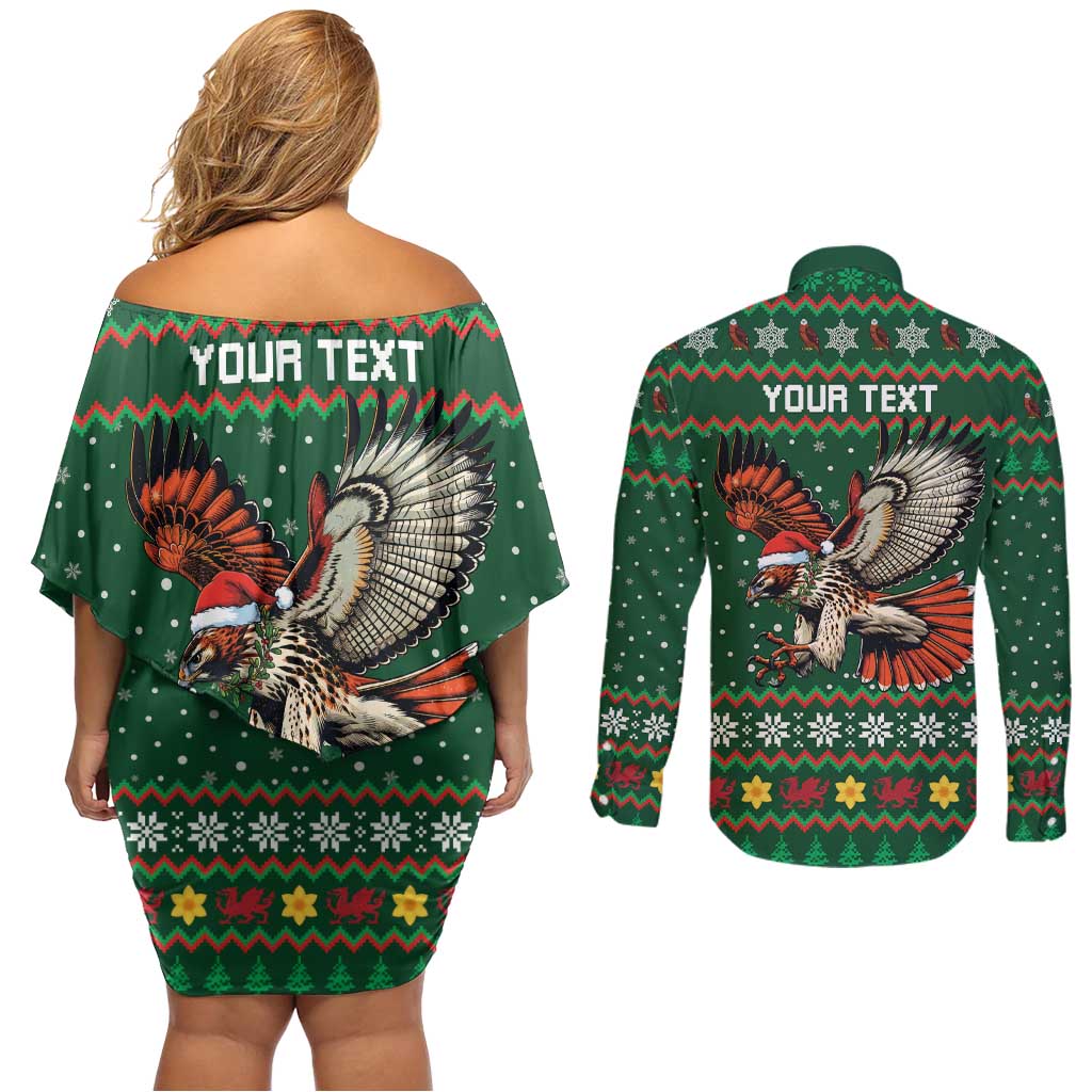 Personalized Radnorshire Wales Christmas Couples Matching Off Shoulder Short Dress and Long Sleeve Button Shirt Red-Tailed Hawk Design - Wonder Print Shop