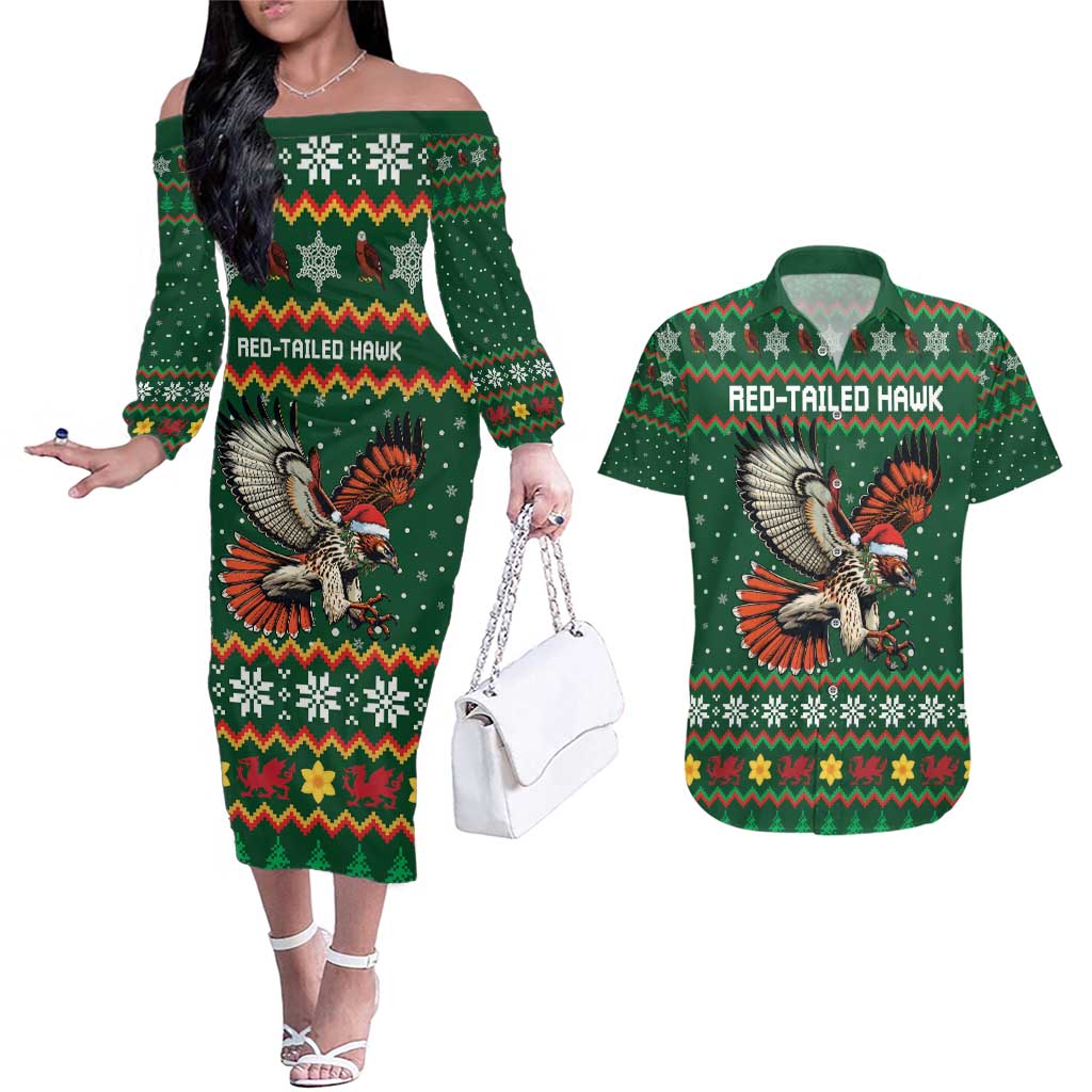 Personalized Radnorshire Wales Christmas Couples Matching Off The Shoulder Long Sleeve Dress and Hawaiian Shirt Red-Tailed Hawk Design - Wonder Print Shop