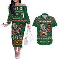 Personalized Radnorshire Wales Christmas Couples Matching Off The Shoulder Long Sleeve Dress and Hawaiian Shirt Red-Tailed Hawk Design - Wonder Print Shop