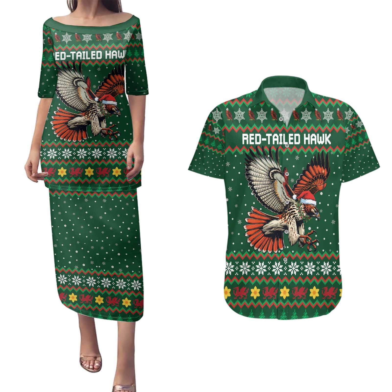 Personalized Radnorshire Wales Christmas Couples Matching Puletasi and Hawaiian Shirt Red-Tailed Hawk Design - Wonder Print Shop