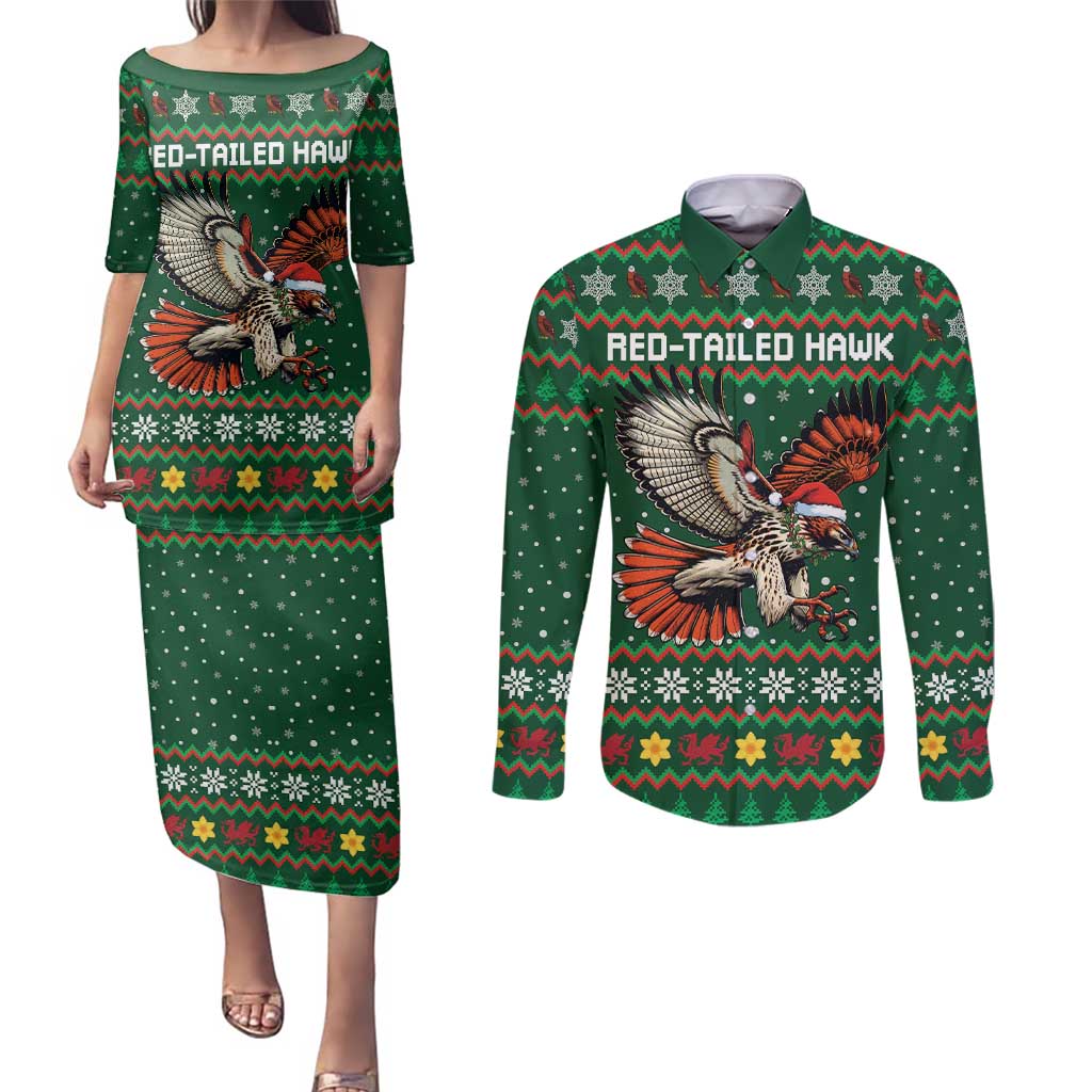 Personalized Radnorshire Wales Christmas Couples Matching Puletasi and Long Sleeve Button Shirt Red-Tailed Hawk Design - Wonder Print Shop