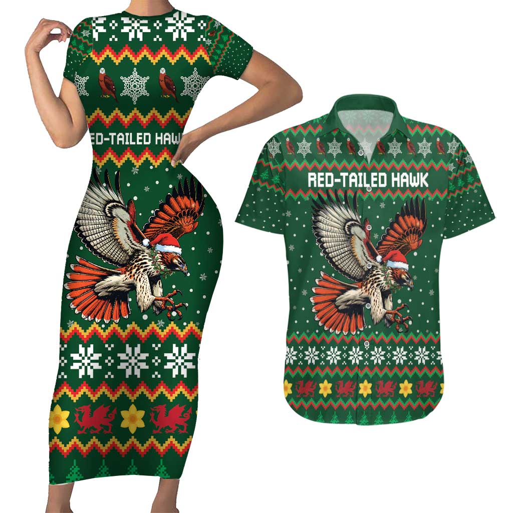 Personalized Radnorshire Wales Christmas Couples Matching Short Sleeve Bodycon Dress and Hawaiian Shirt Red-Tailed Hawk Design - Wonder Print Shop