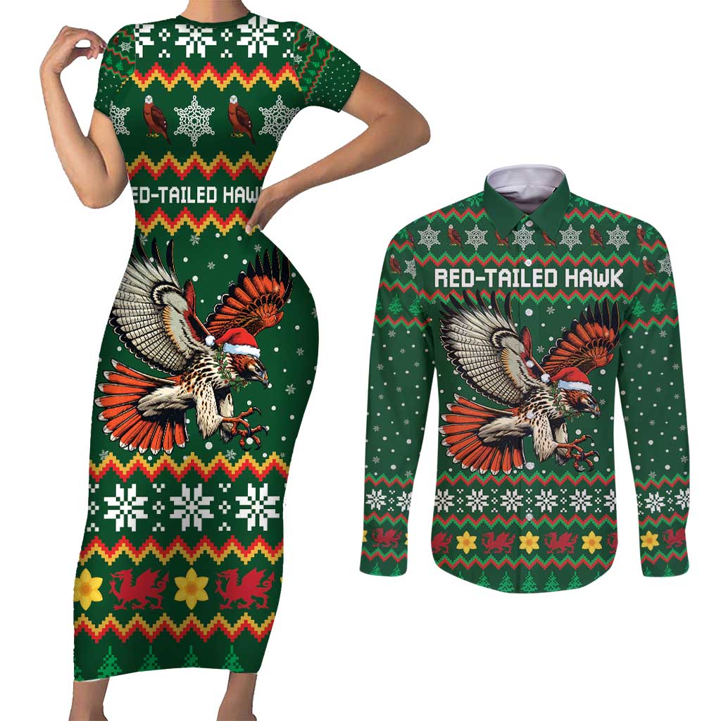 Personalized Radnorshire Wales Christmas Couples Matching Short Sleeve Bodycon Dress and Long Sleeve Button Shirt Red-Tailed Hawk Design - Wonder Print Shop