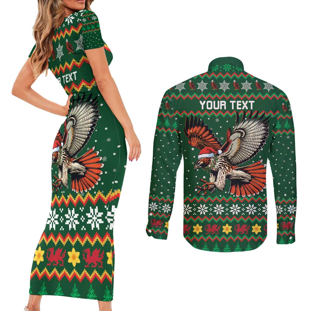 Personalized Radnorshire Wales Christmas Couples Matching Short Sleeve Bodycon Dress and Long Sleeve Button Shirt Red-Tailed Hawk Design - Wonder Print Shop