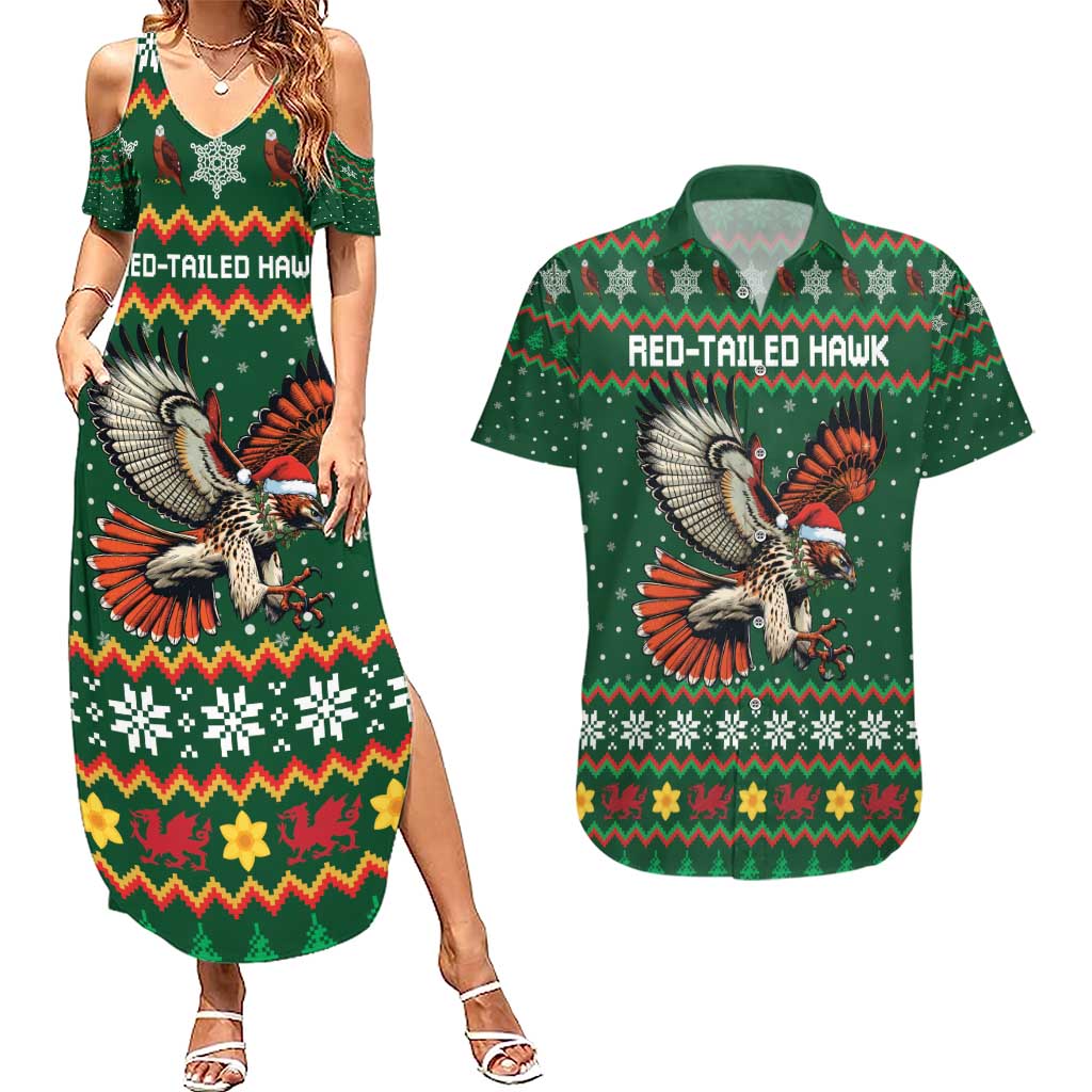 Personalized Radnorshire Wales Christmas Couples Matching Summer Maxi Dress and Hawaiian Shirt Red-Tailed Hawk Design - Wonder Print Shop
