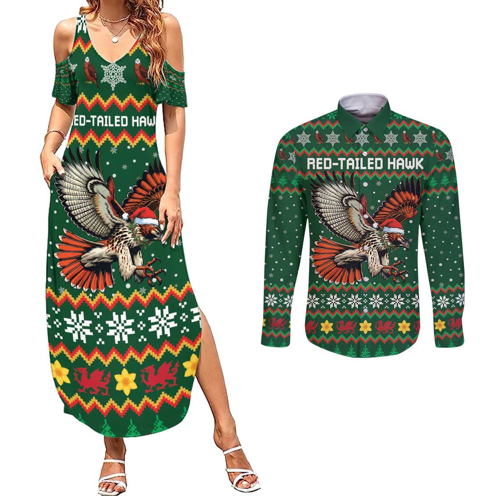 Personalized Radnorshire Wales Christmas Couples Matching Summer Maxi Dress and Long Sleeve Button Shirt Red-Tailed Hawk Design - Wonder Print Shop