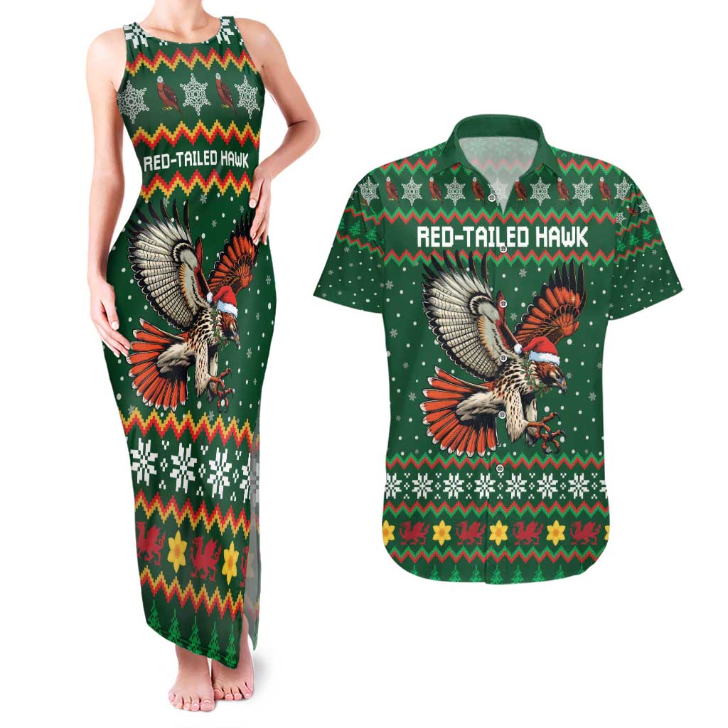 Personalized Radnorshire Wales Christmas Couples Matching Tank Maxi Dress and Hawaiian Shirt Red-Tailed Hawk Design - Wonder Print Shop