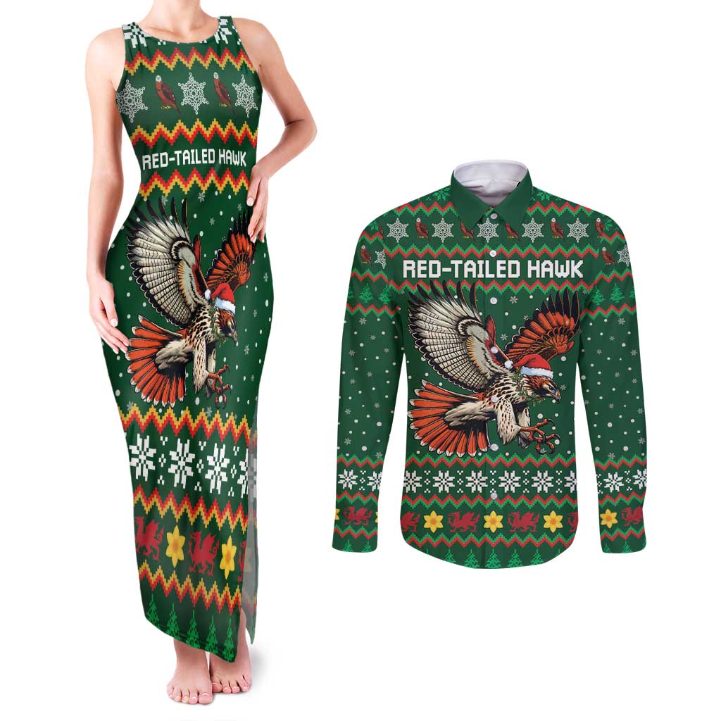 Personalized Radnorshire Wales Christmas Couples Matching Tank Maxi Dress and Long Sleeve Button Shirt Red-Tailed Hawk Design - Wonder Print Shop