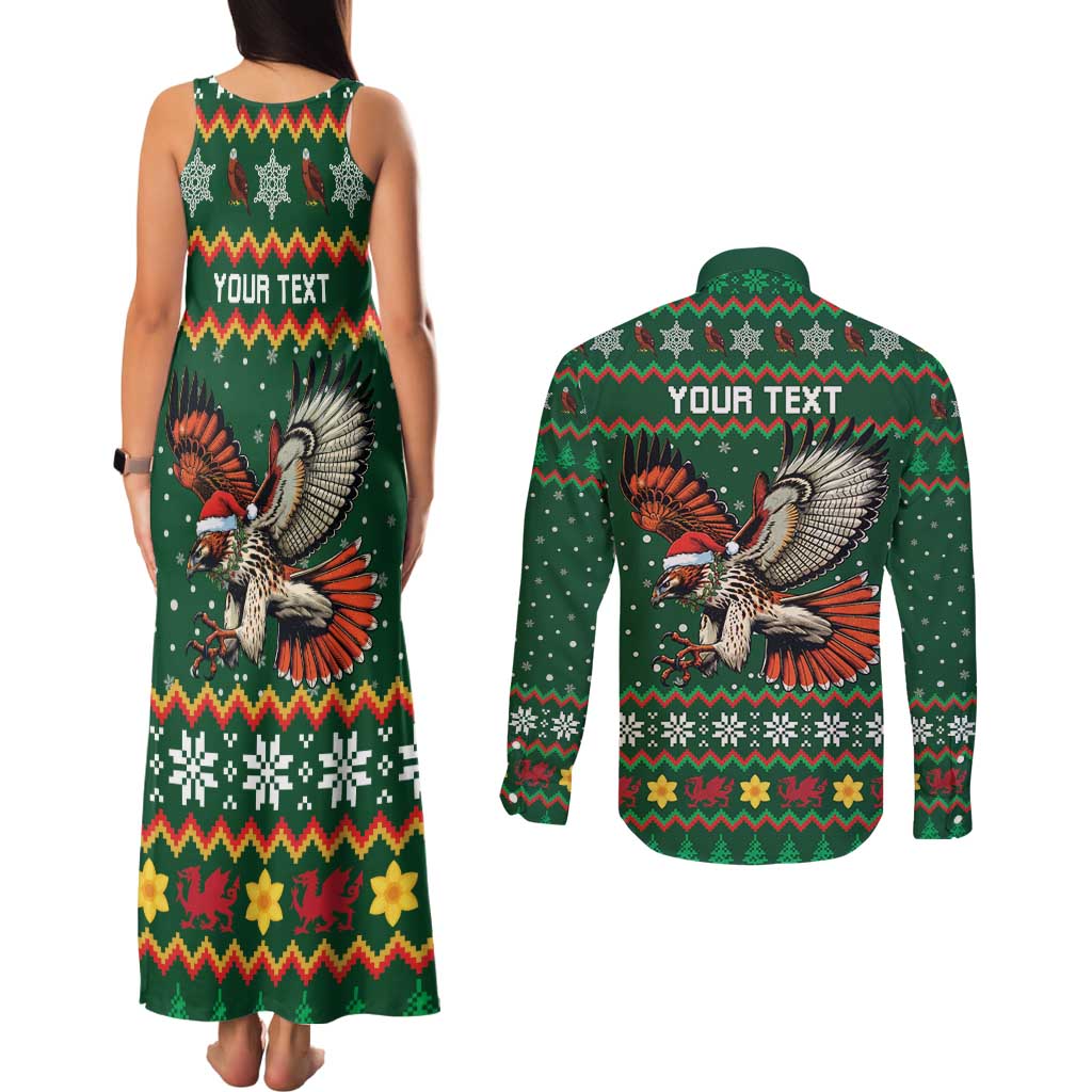 Personalized Radnorshire Wales Christmas Couples Matching Tank Maxi Dress and Long Sleeve Button Shirt Red-Tailed Hawk Design - Wonder Print Shop